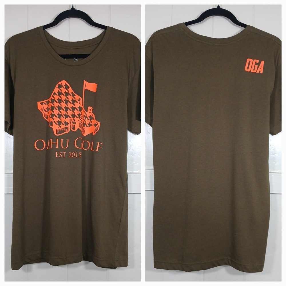 Oahu Golf Apparel Shirt Big Logo Spellout OGA Men's Medium Olive Cotton Hawaii